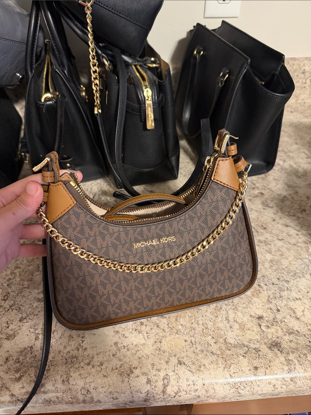 Michael Kors Brown Signature Chain-Accent Shoulder Bag